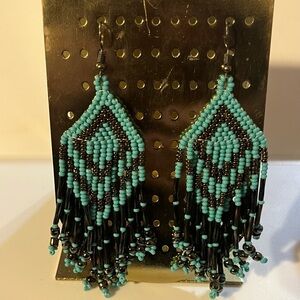 Handmade Turquoise & Black Glass Beaded Fringe Chandelier Earrings NWOT’s